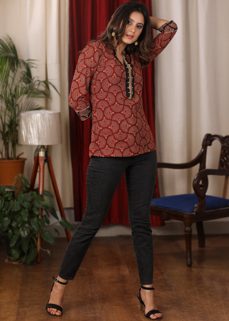 Maroon Ajrakh Top with elegant embroidery