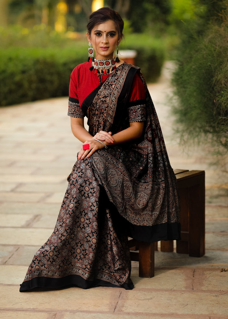 Pure black modal silk Ajrakh block printed designer saree