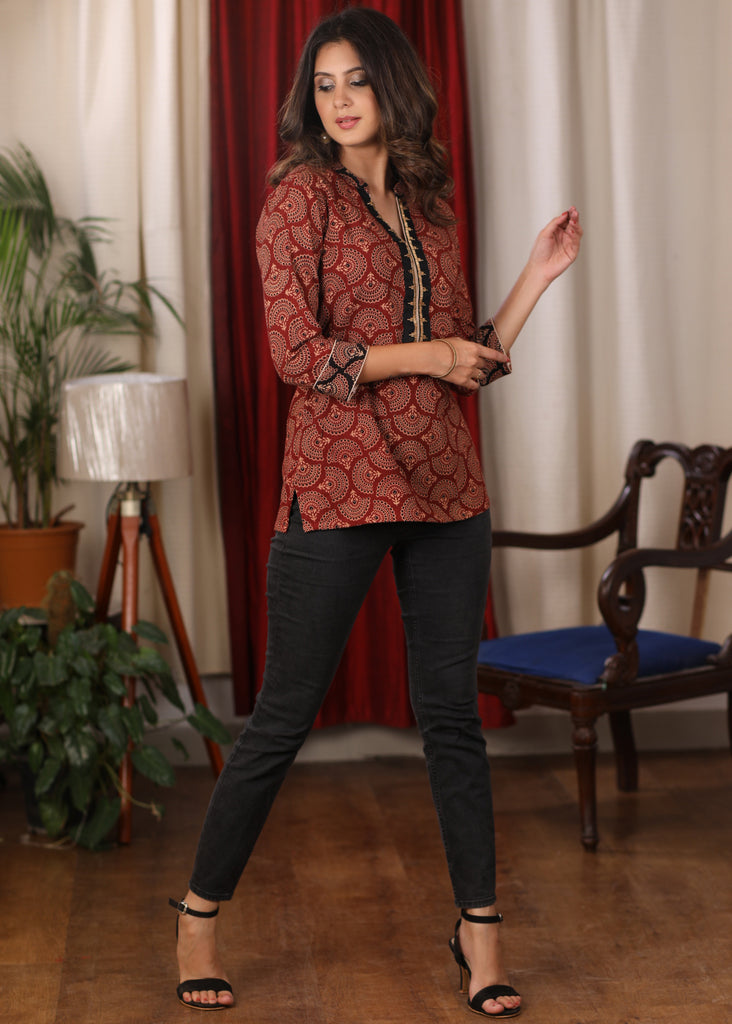 Maroon Ajrakh Top with elegant embroidery