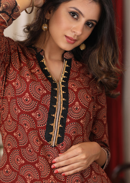 Maroon Ajrakh Top with elegant embroidery