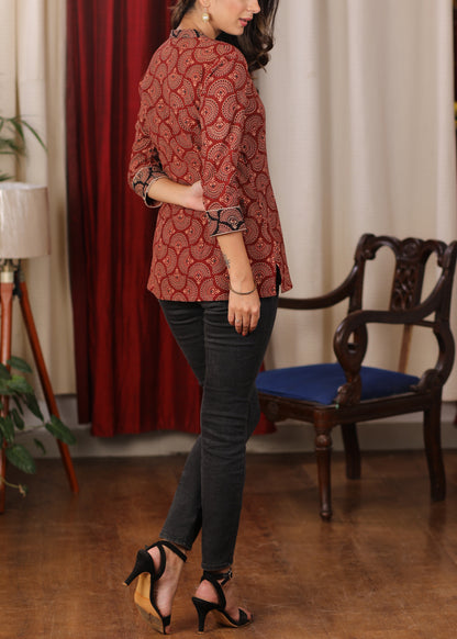 Maroon Ajrakh Top with elegant embroidery