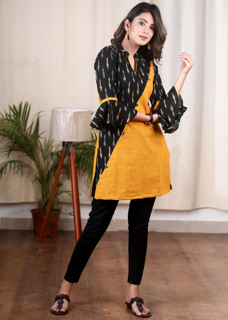 Mustard cotton tunic with Ikat combination