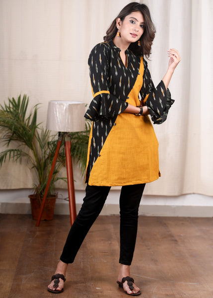 Mustard cotton tunic with Ikat combination