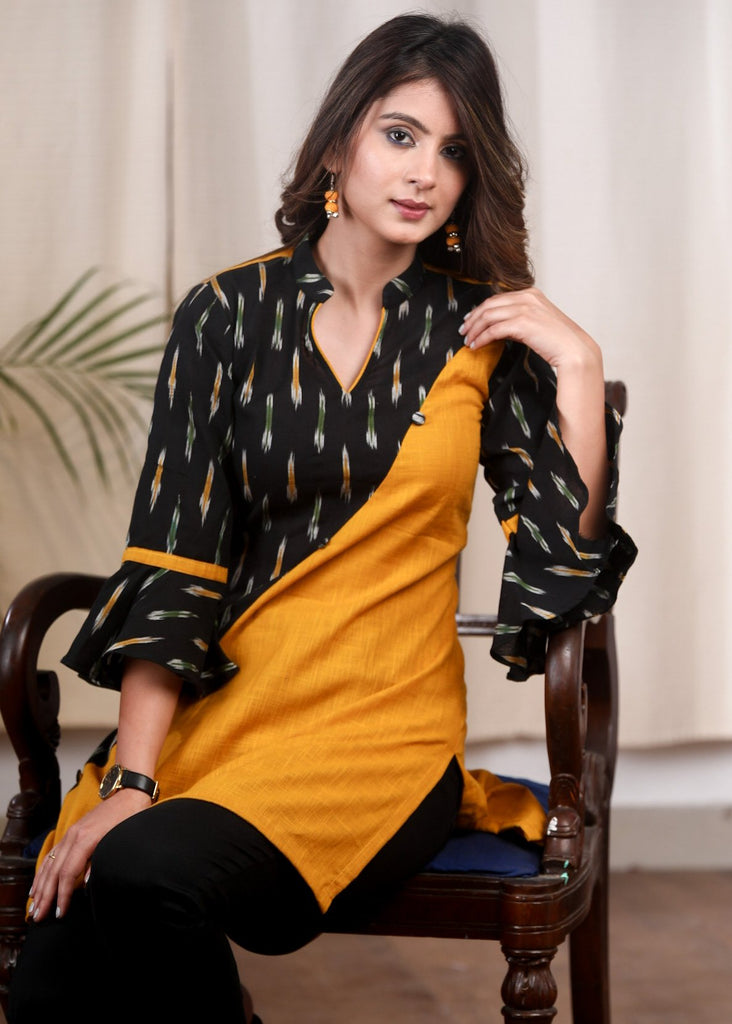Mustard cotton tunic with Ikat combination