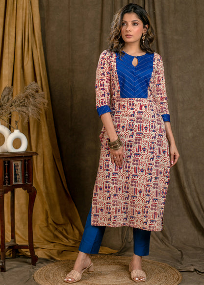 Exclusive Off-White Animal Print Cotton Ajrakh Straight Cut Kurta with Blue Silk Detailing - Pant Optional
