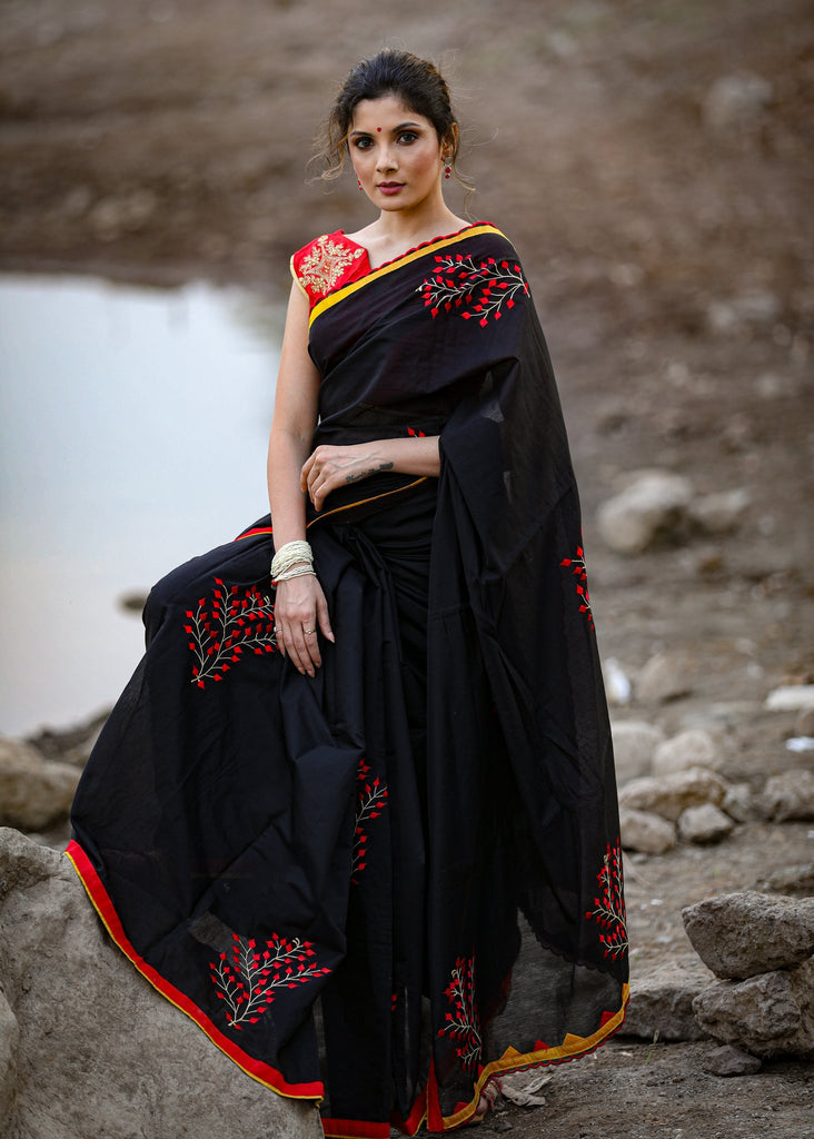 Black chanderi saree with exclusive embroidered motifs