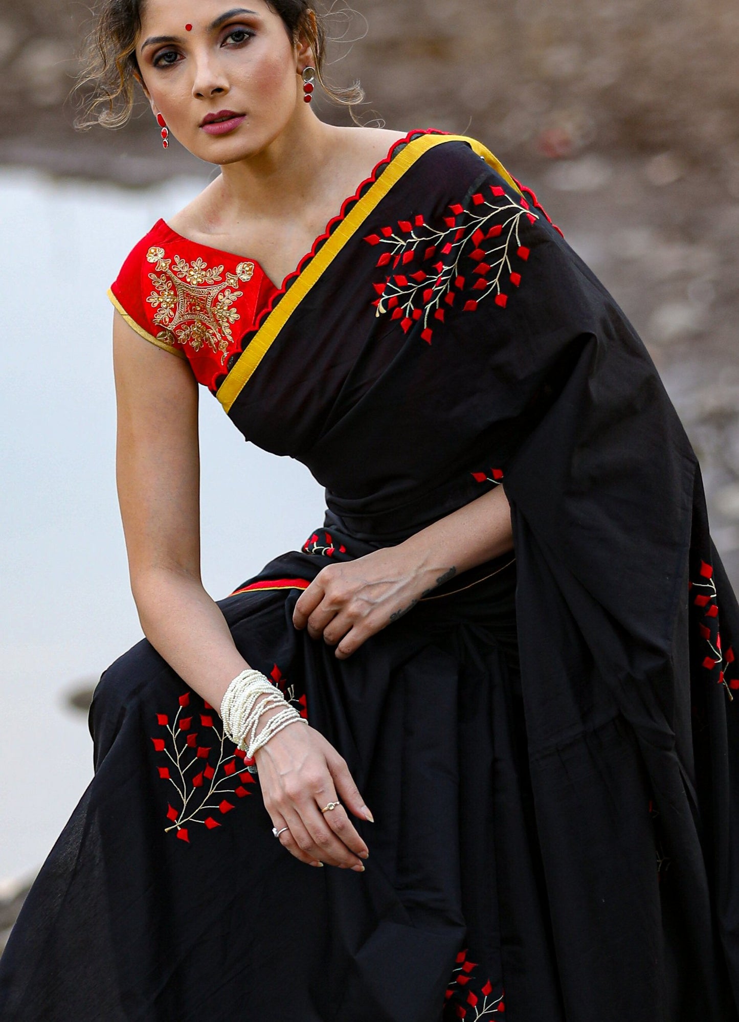 Black chanderi saree with exclusive embroidered motifs