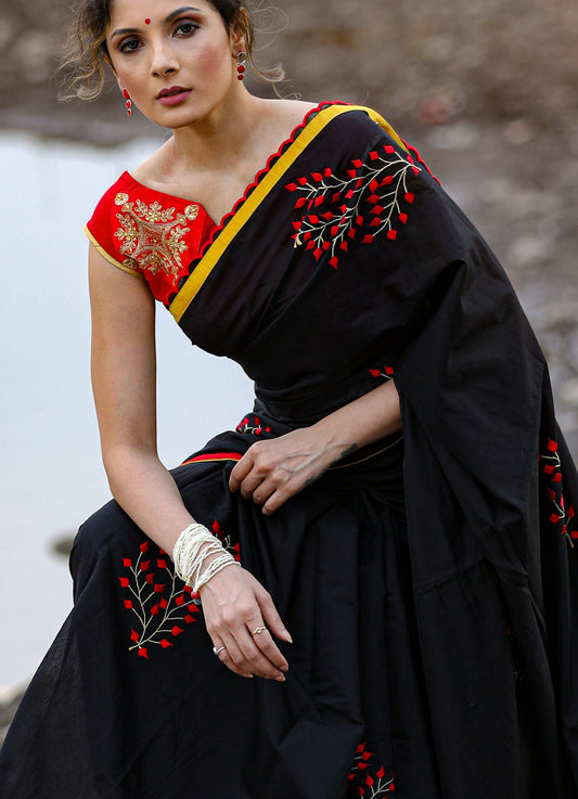 Black chanderi saree with exclusive embroidered motifs