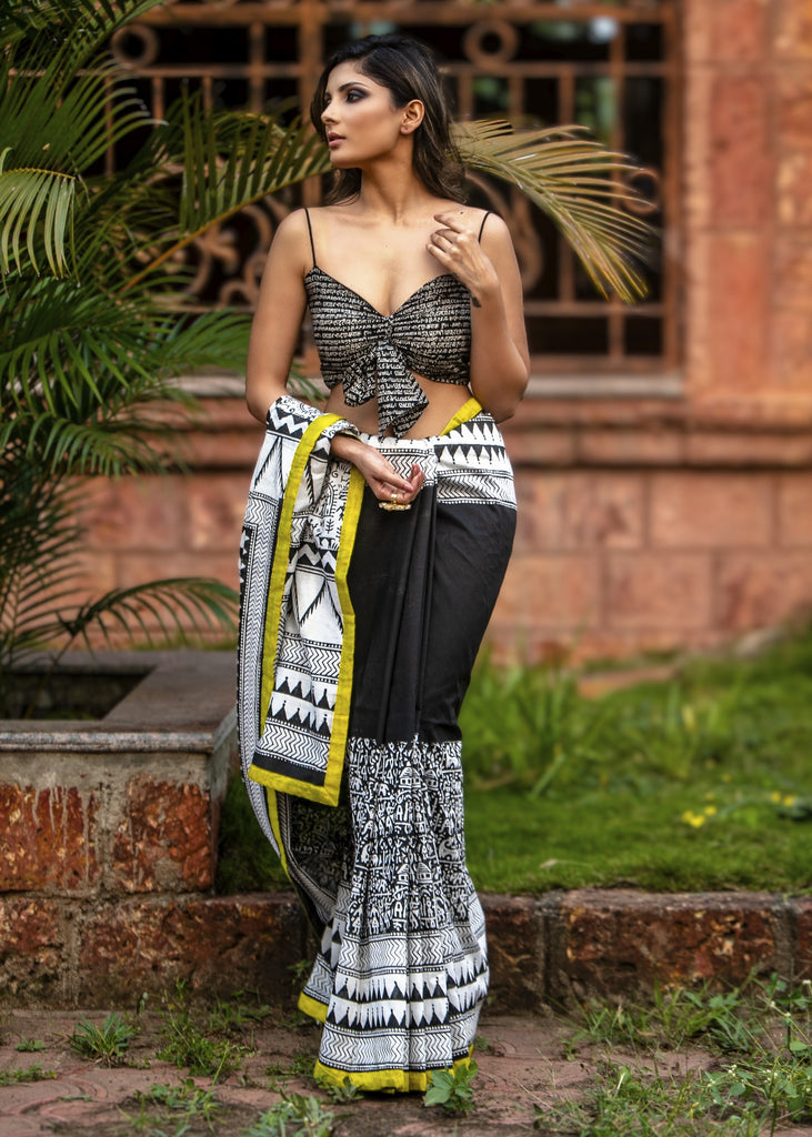 Black and white combination block printed abstract design saree
