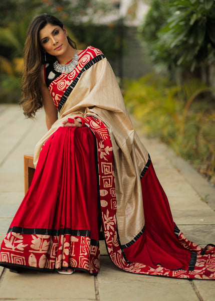 Combination of pure tusser silk & red semi silk saree with hand batik border