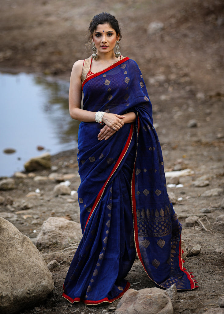 Exclusive midnight blue linen saree with jamdani weaving and zari border