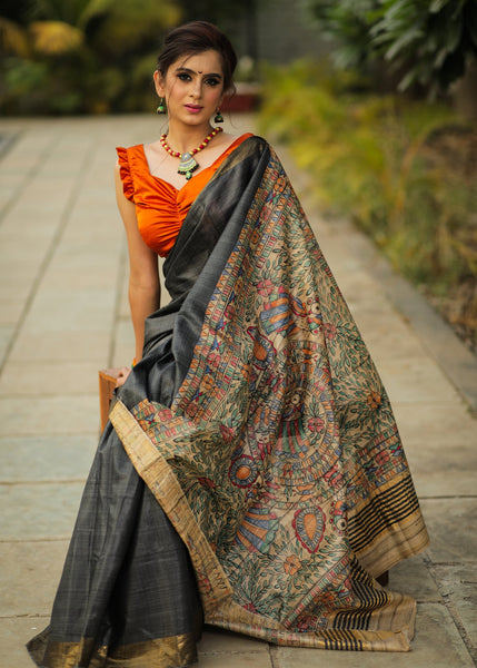 Exclusive black silk saree with hand painted madhubani pallu & zari border