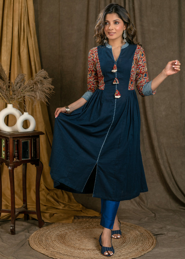 Trendy Cotton Navy Blue & Kalamkari Combination Kurta with Indigo & Side Gathers - Pant Optional