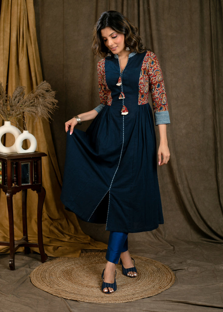 Trendy Cotton Navy Blue & Kalamkari Combination Kurta with Indigo & Side Gathers - Pant Optional