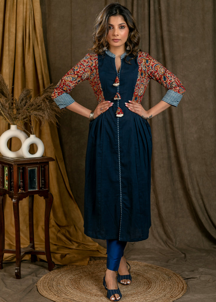 Trendy Cotton Navy Blue & Kalamkari Combination Kurta with Indigo & Side Gathers - Pant Optional