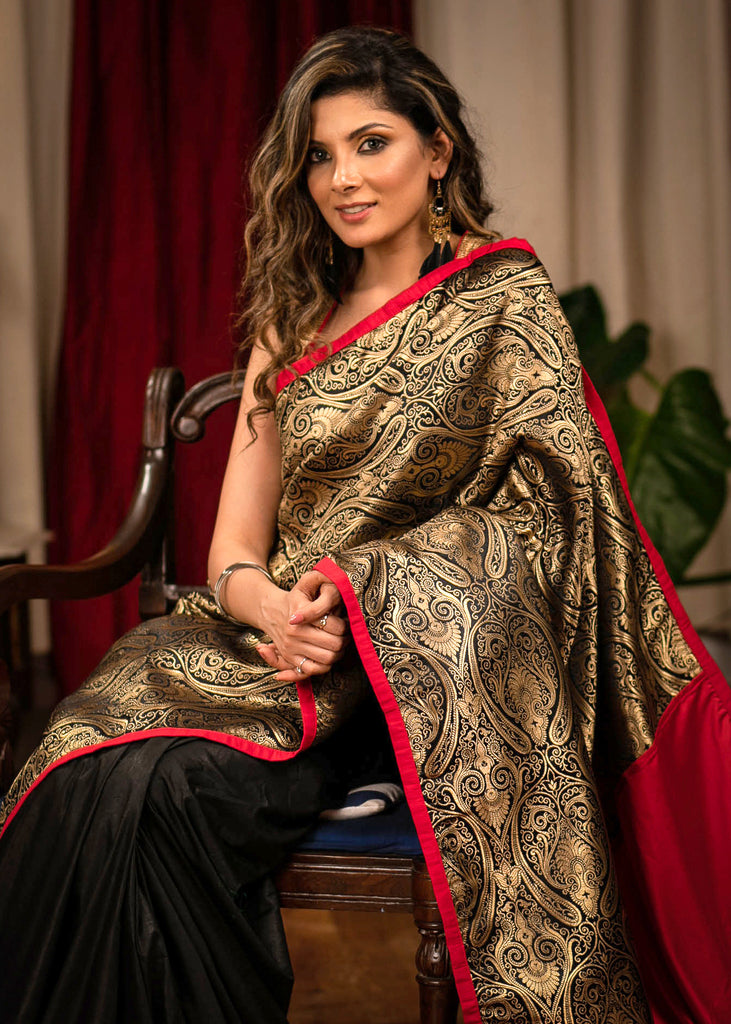 Exclusive black benarasi designer saree with semi silk pleats