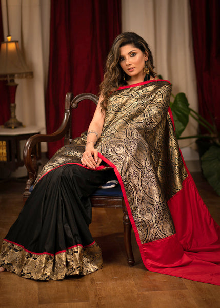 Exclusive black benarasi designer saree with semi silk pleats