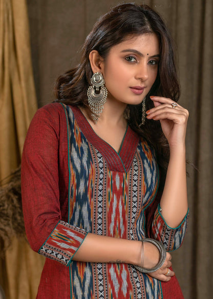 Beautiful Cotton Maroon & Navy Blue Ikat Combination Straight Cut Kurta - Pant Optional