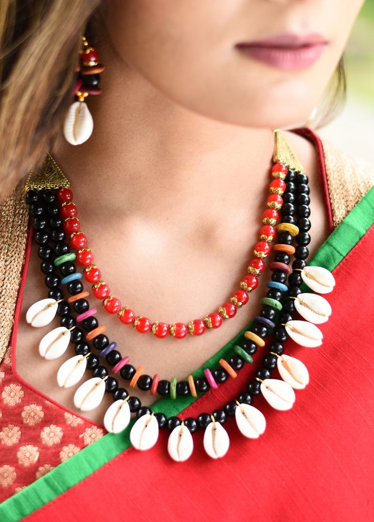 Exclusive cowrie and beads combination three layered necklace set - Sujatra