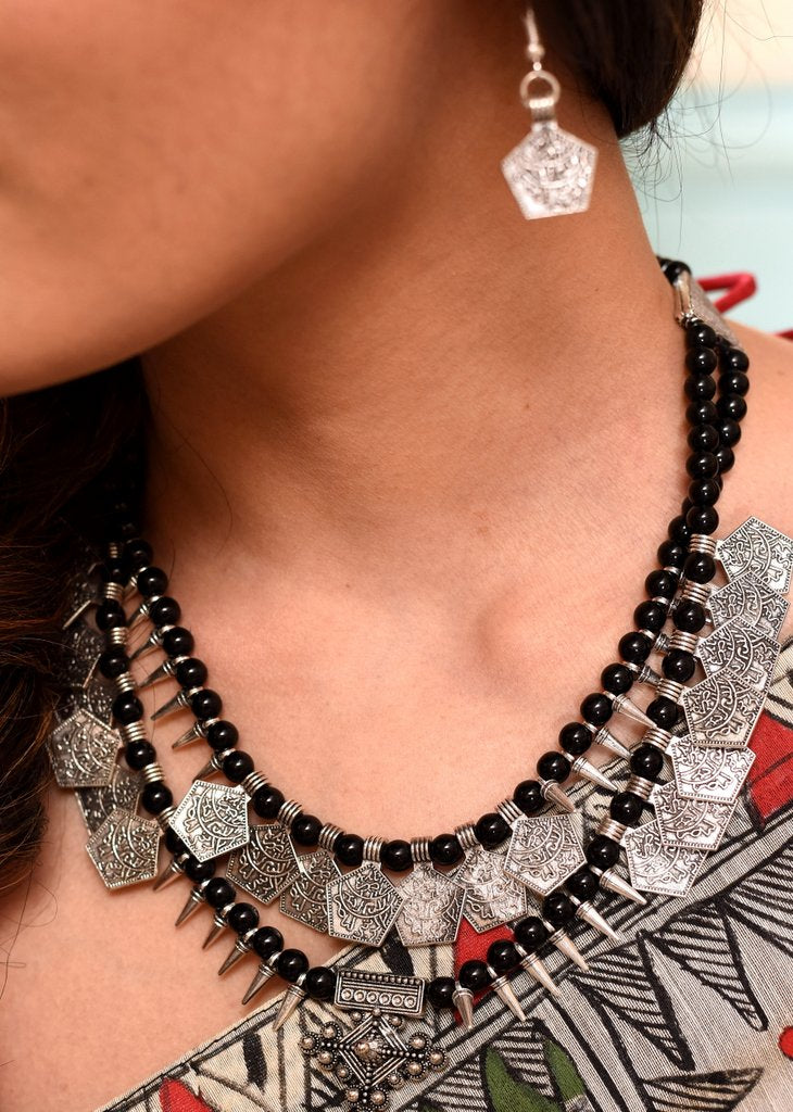 Exclusive multilayer black beaded necklace set - Sujatra