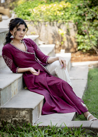 Exclusive maroon handloom cotton anarkali kurta with elegant & intricate hand embroidered motifs