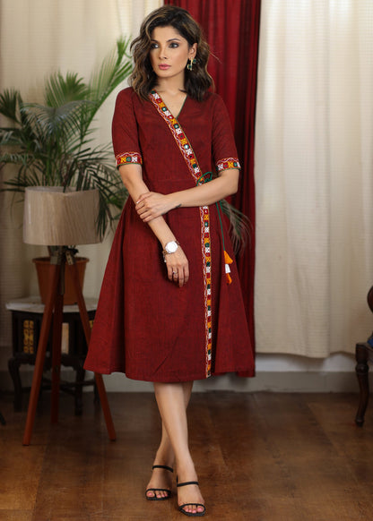 Maroon overlap dress with beautiful kutch mirror work embroidery