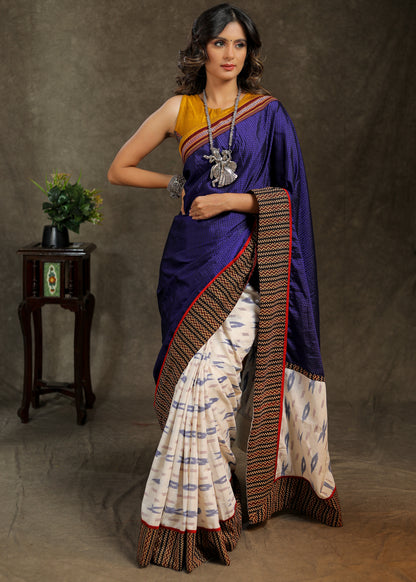 Unique white Ikaat and blue Khun combination cotton saree