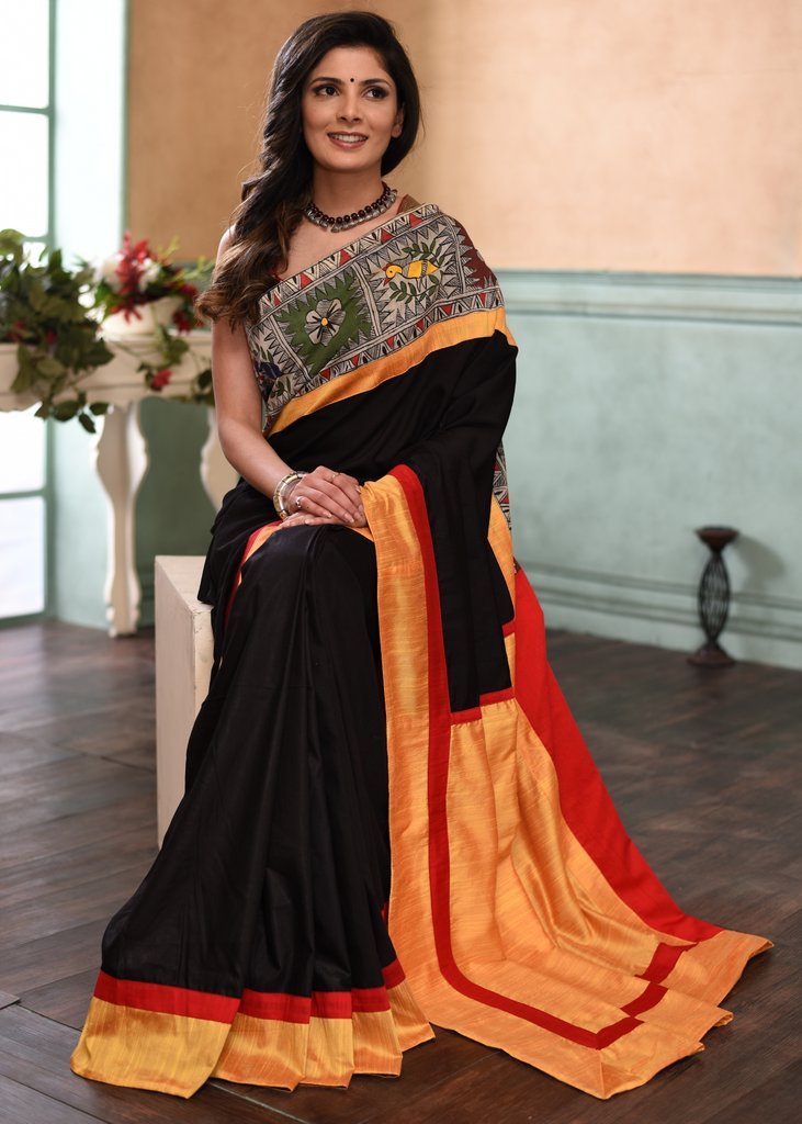 Black semi silk saree with exclusive hand painted madhubani work - Sujatra