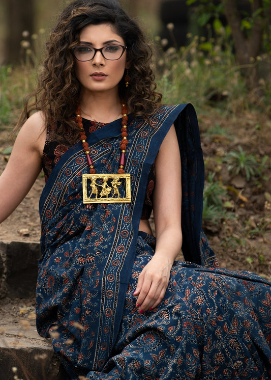 Exclusive natural dyed cotton blue block printed ajrakh saree