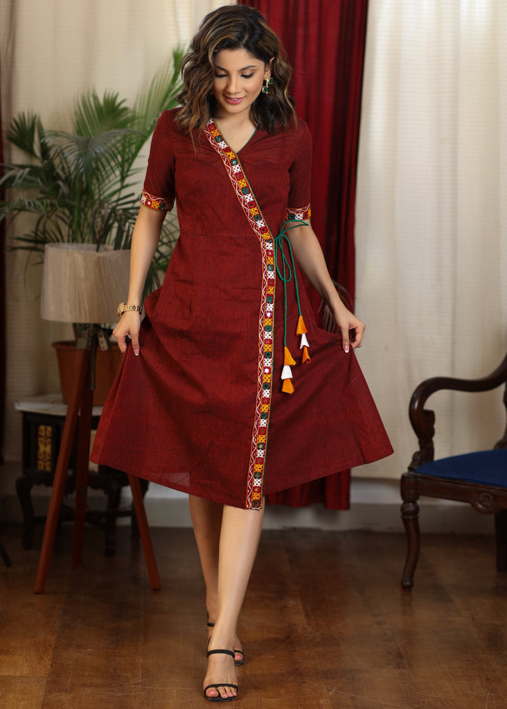 Maroon overlap dress with beautiful kutch mirror work embroidery