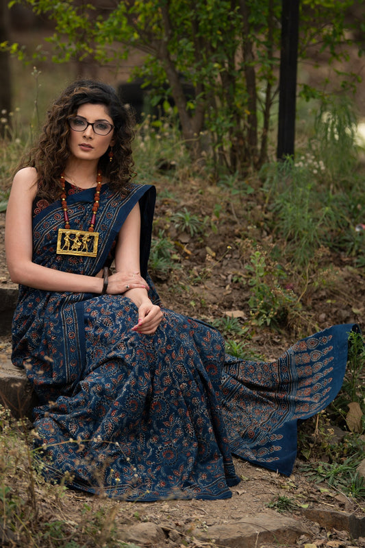 Exclusive natural dyed cotton blue block printed ajrakh saree