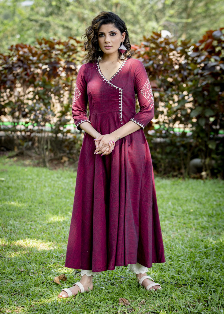 Exclusive maroon handloom cotton anarkali kurta with elegant & intricate hand embroidered motifs