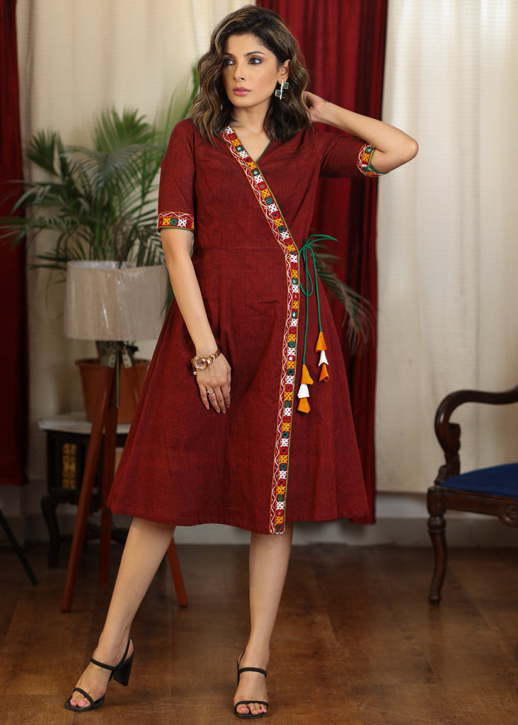 Maroon overlap dress with beautiful kutch mirror work embroidery