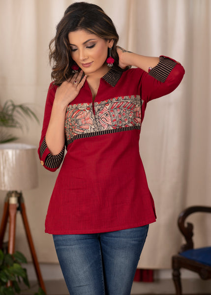 Beautiful Maroon Cotton top with hand painted Madhubani motif, Ajrakh collar and sleeves