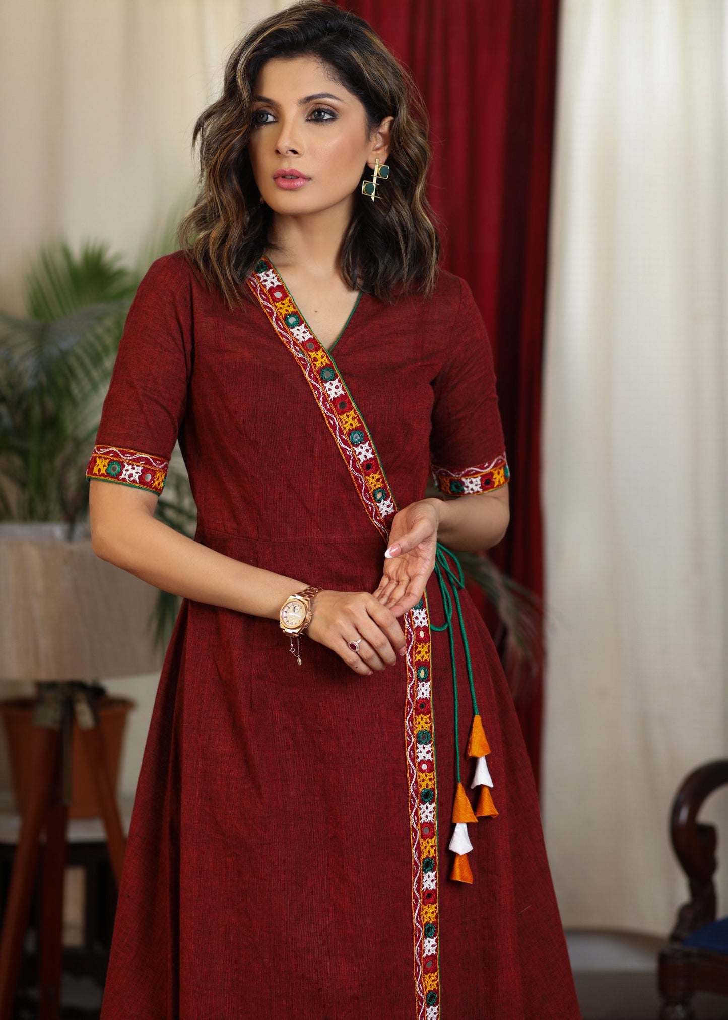 Maroon overlap dress with beautiful kutch mirror work embroidery