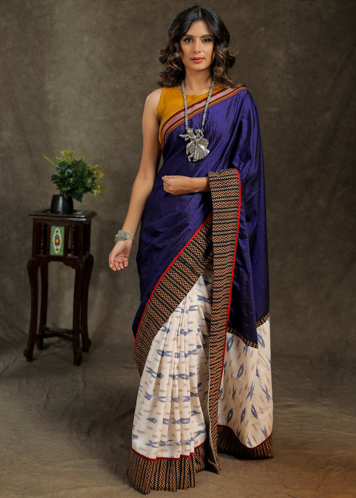 Unique white Ikaat and blue Khun combination cotton saree