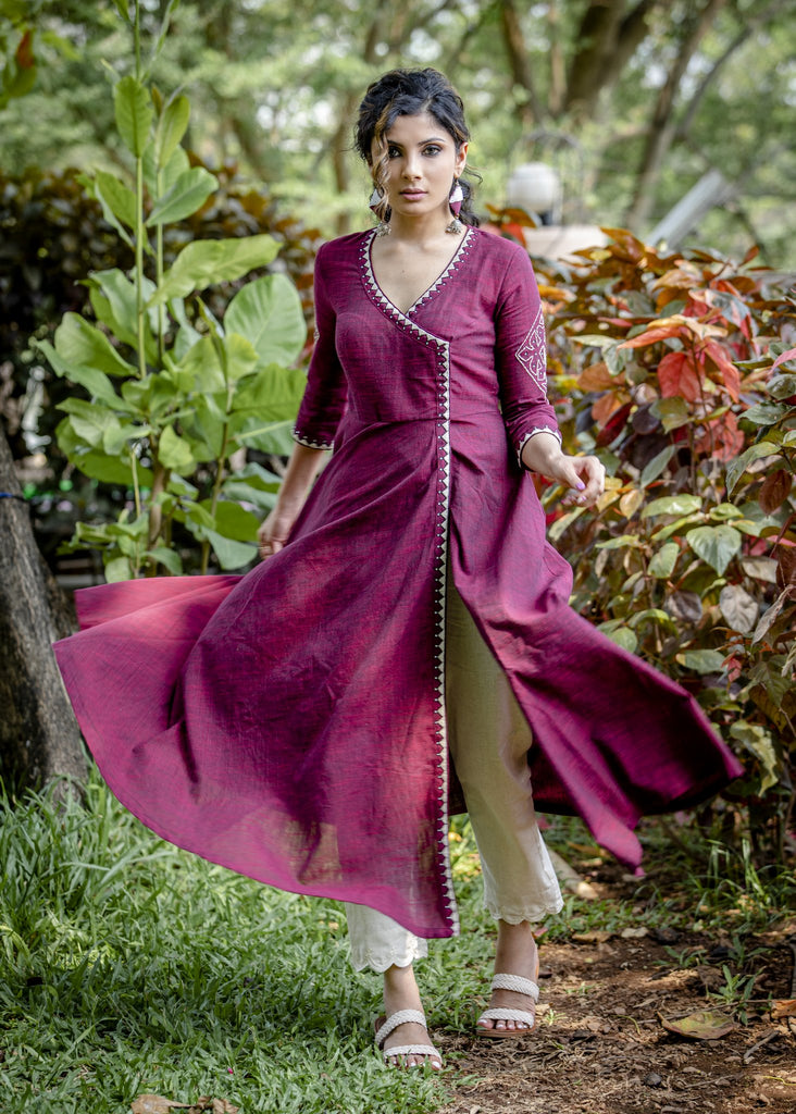 Exclusive maroon handloom cotton anarkali kurta with elegant & intricate hand embroidered motifs