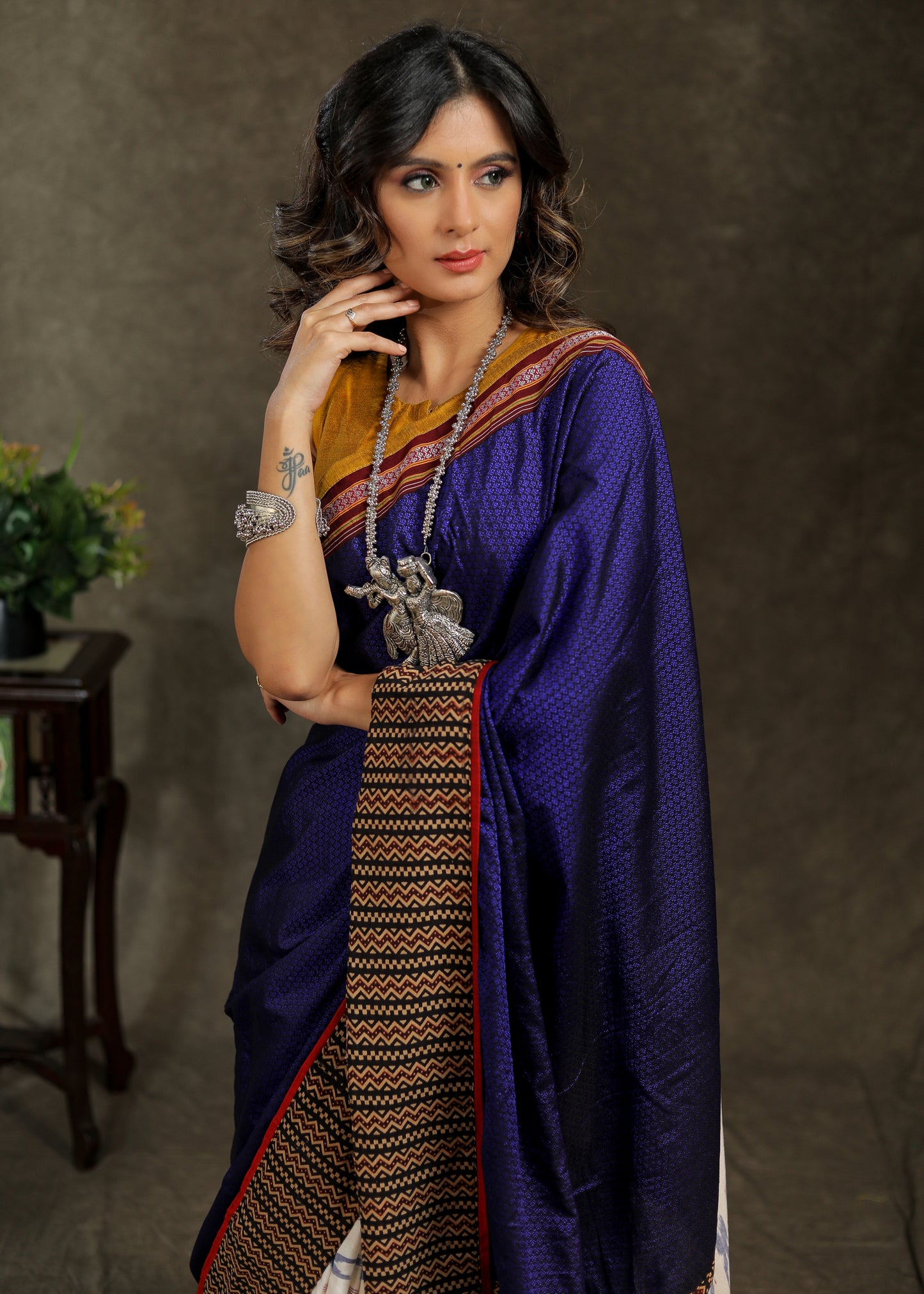 Unique white Ikaat and blue Khun combination cotton saree