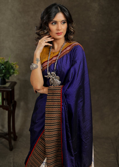 Unique white Ikaat and blue Khun combination cotton saree