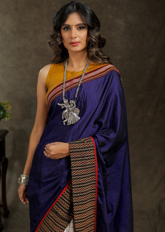 Unique white Ikaat and blue Khun combination cotton saree