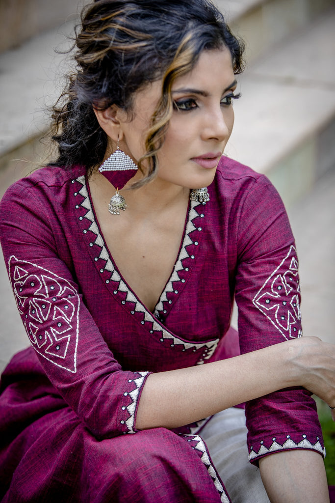 Exclusive maroon handloom cotton anarkali kurta with elegant & intricate hand embroidered motifs