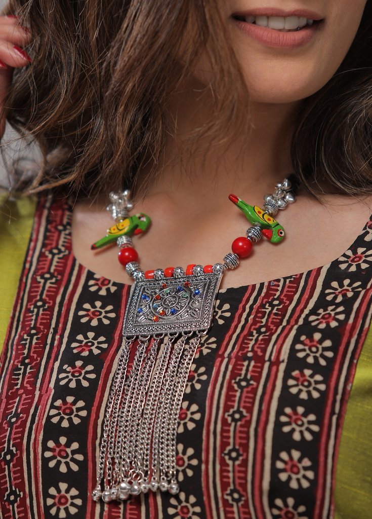Handmade neckpiece  with a combination of wooden parrots, beads, ghungroo with oxidised pendant - Sujatra