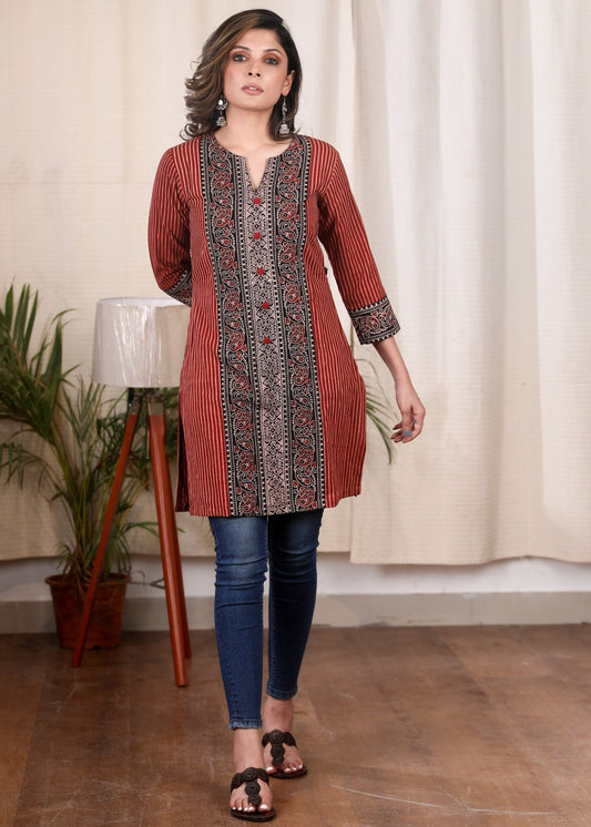 Exclusive striped Ajrakh combination cotton tunic