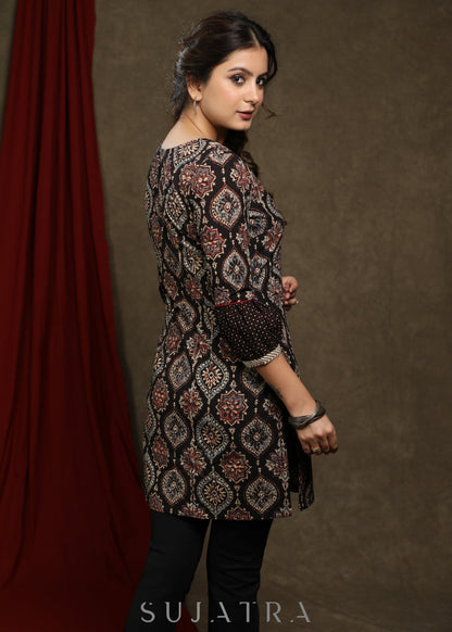Elegant black cotton ajrakh tunic with beautiful combination on yoke and sleeves
