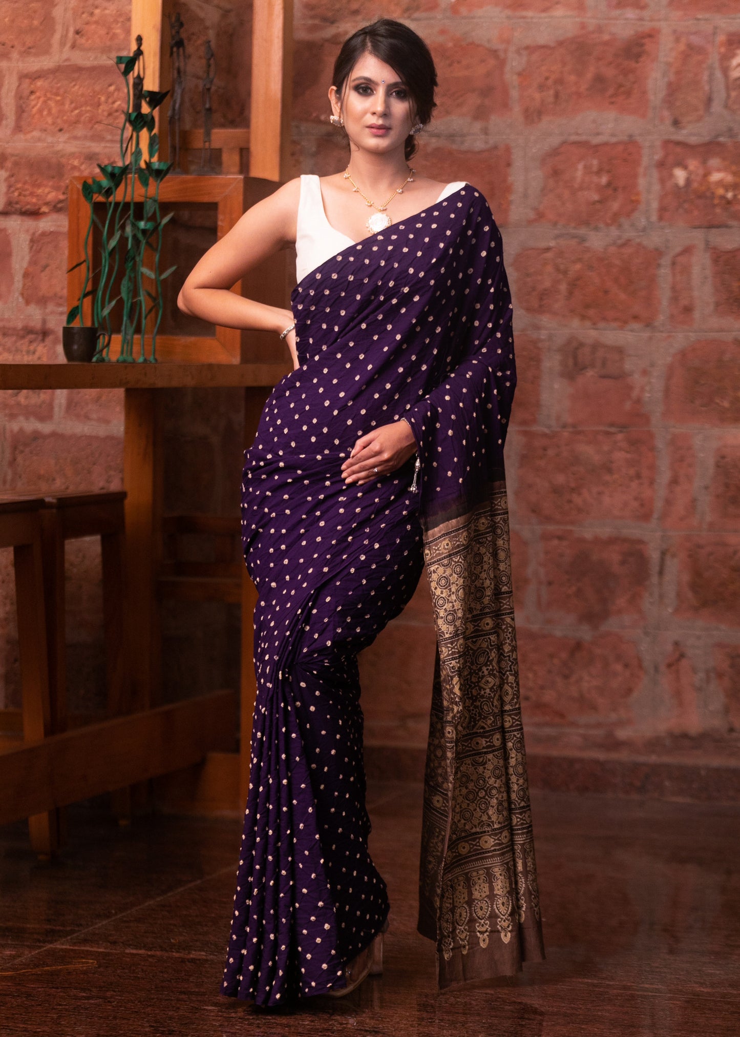 Exclusive purple Bandhej & Ajrakh combination cotton saree