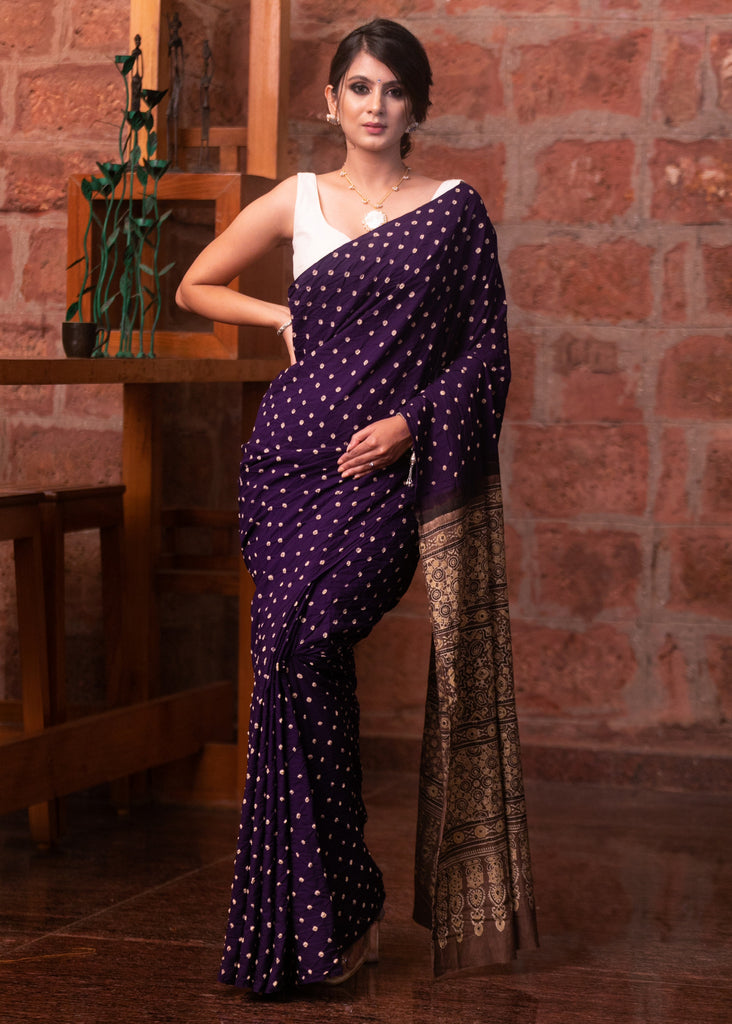 Exclusive purple Bandhej & Ajrakh combination cotton saree