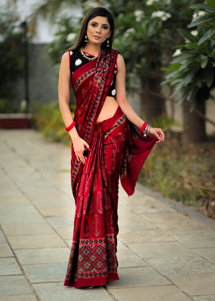 Pure modal silk ajrakh block printed maroon designer saree