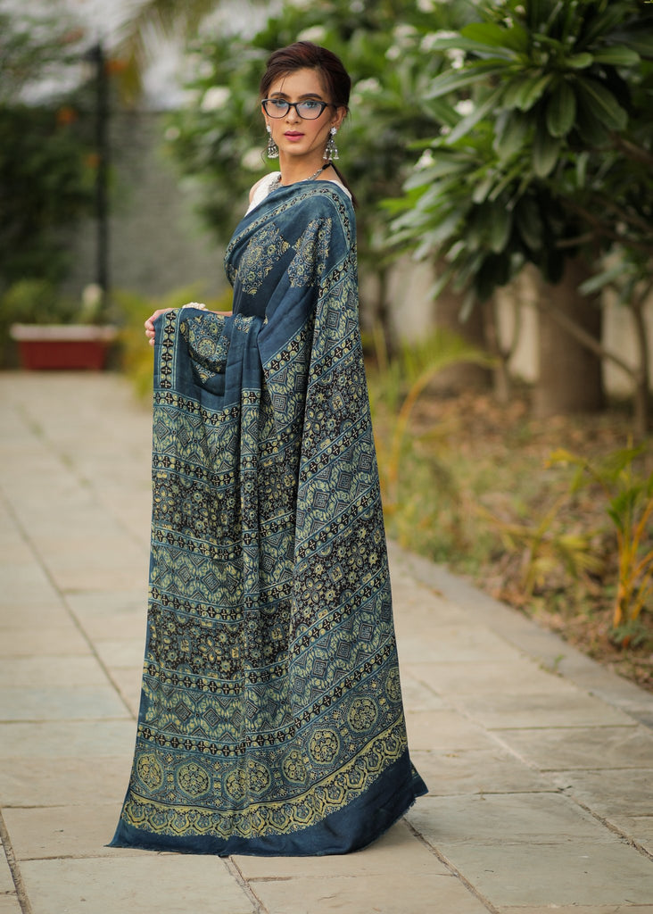 Pure modal silk ajrakh block printed blue saree with square patches