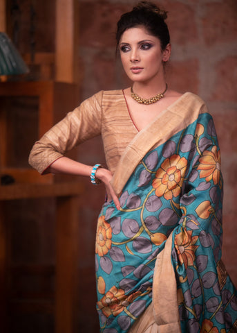 Pure tassar silk kalamkari design beige and blue combination saree