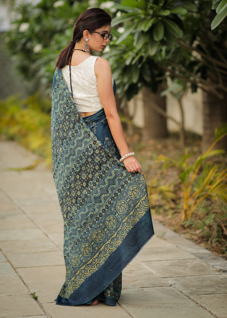Pure modal silk ajrakh block printed blue saree with square patches